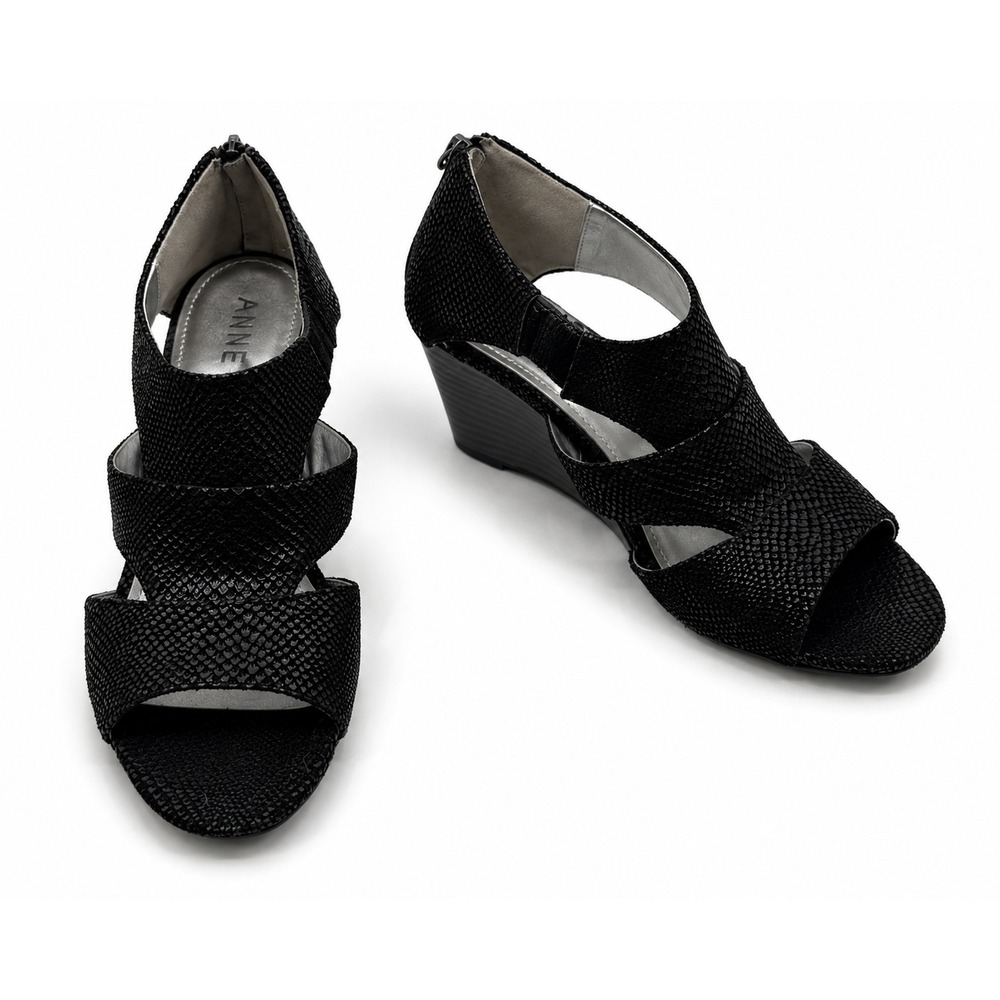 Anne Klein Flex Women's 7.5 Black Textured Strappy Wedge Sandals Back Zip Shoes